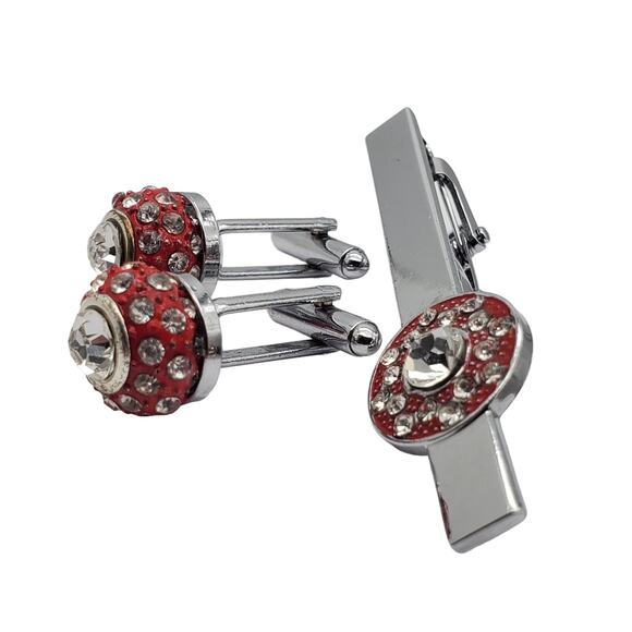 Retro Red Enamel Cufflinks Tie Clip Clasp Pave Crystal Silver Tone Ball Bold - Picture 8 of 8